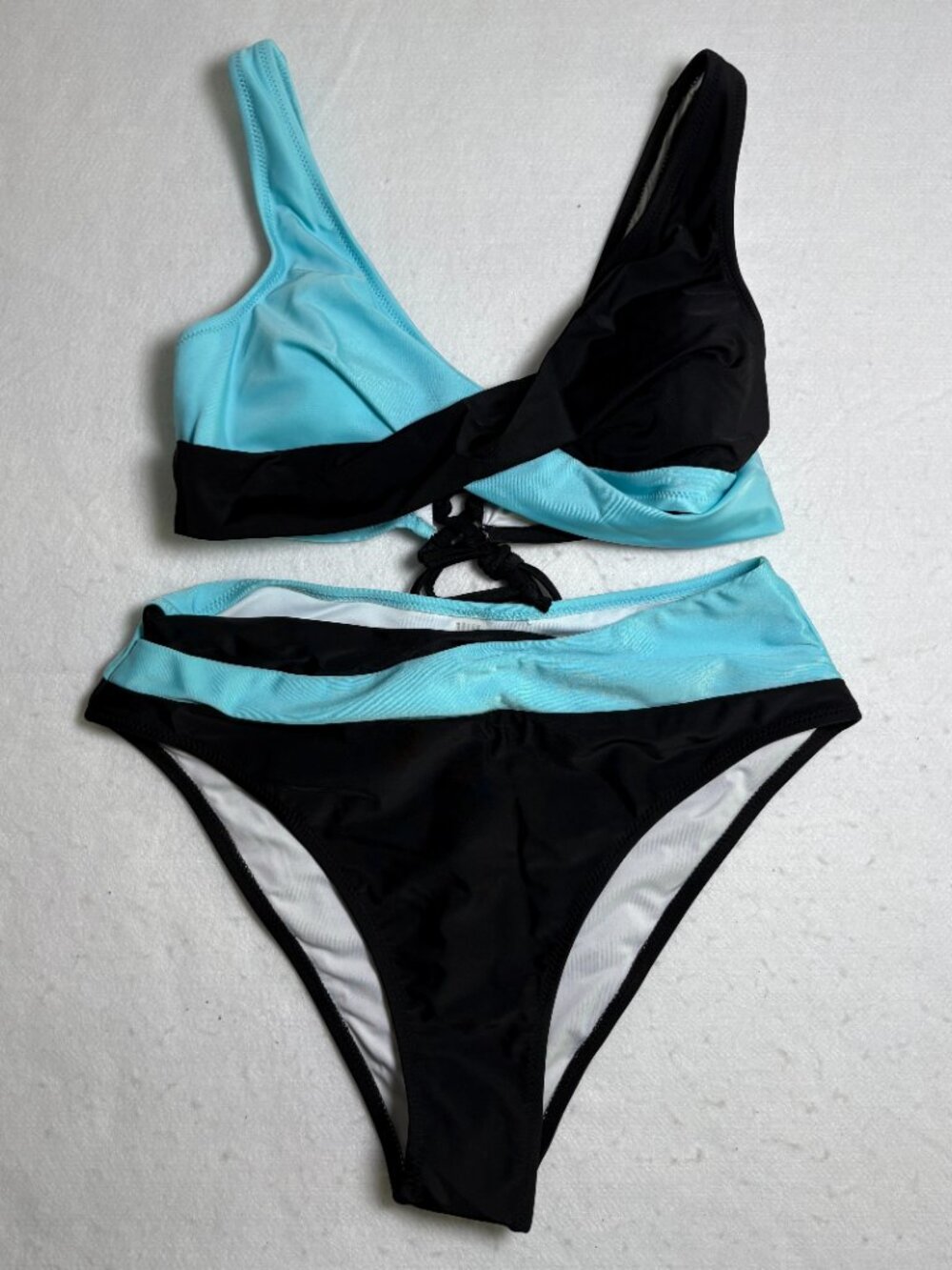 High Waisted Bikini Set Blue Black Colorblock Two Piece Beachwear Sporty Chic M